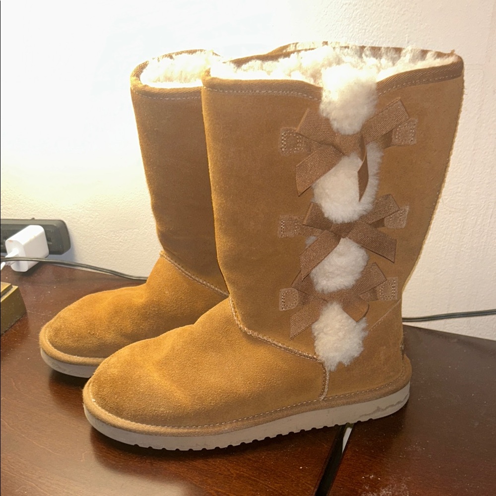 Koolaburra Tan Suede Shearling-Lined Mid-Calf Booties with Bow Accents